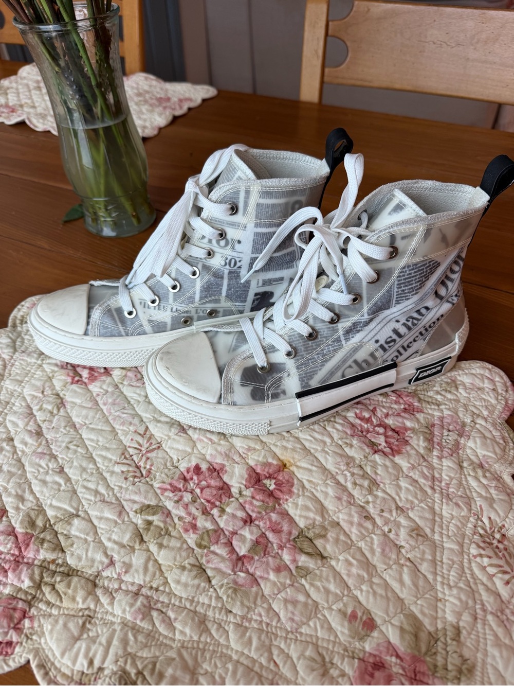 Dior High-Top Sneakers in White with Newspaper Print